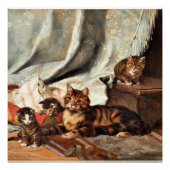Poster Un chat avec trois chatons, peinture d'art (Devant)