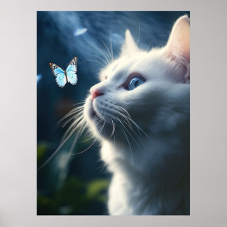Poster Un chat blanc aux yeux bleus regarde un papillon