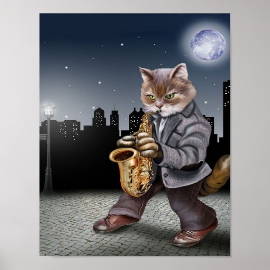 Poster Un Chat Dans La Nuit Avec Saxophones - Cadeau Amou (Devant)