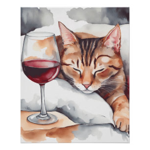 Poster Un Chat Endormi Et Un Verre De Vin Rouge, Amateur