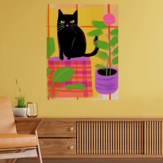 Poster Un Chat Noir Avec Chaise Plaid Pour Usines Ménagèr (Salon 2)