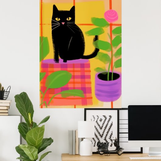 Poster Un Chat Noir Avec Chaise Plaid Pour Usines Ménagèr (Bureau à domicile)