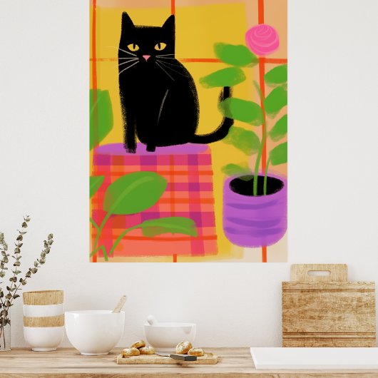 Poster Un Chat Noir Avec Chaise Plaid Pour Usines Ménagèr (Cuisine)