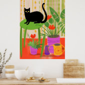 Poster Un Chat Noir Avec Des Usines (Cuisine)