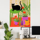 Poster Un Chat Noir Avec Des Usines (Bureau à domicile)