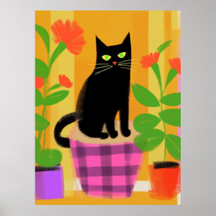 Poster Un Chat Noir Avec Plantes Ménagères Plat Rose Viol
