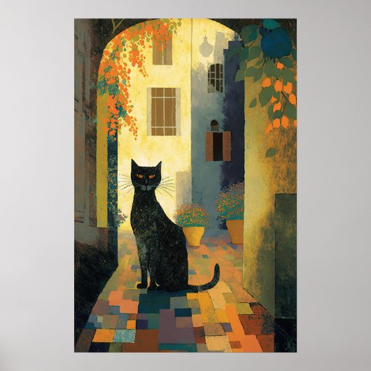 Poster Un chat noir dans le village méditerranéen (Devant)