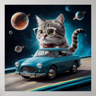 Poster Un chat portant des lunettes conduisant une voitur
