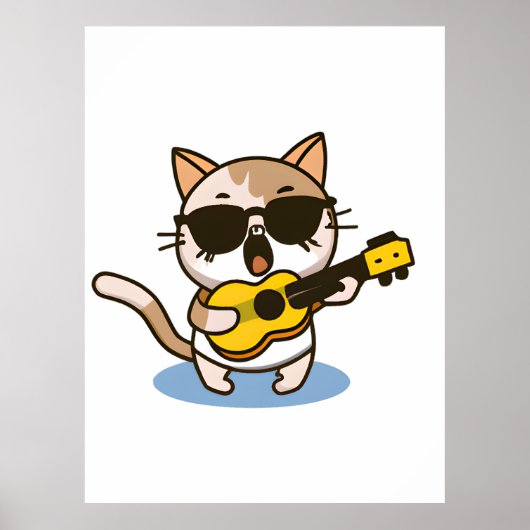 Poster Un chat qui porte des lunettes et joue l'ukulele (Devant)