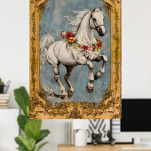 Poster Un cheval blanc orné d'une guirlande de fleurs, (Bureau à domicile)