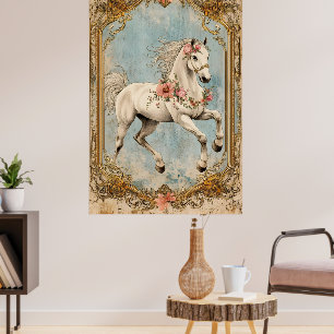 Poster Un cheval blanc orné d'une guirlande de fleurs,