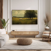 Poster Un cheval blanc paissant dans un champ