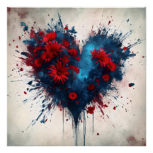 Un coeur bleu éclatant avec des fleurs rouges