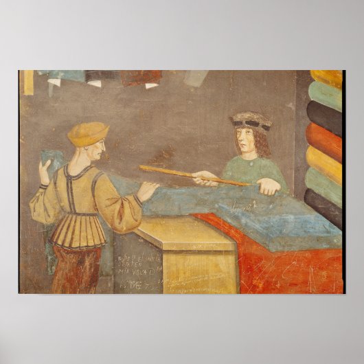 Poster Un commerçant de tissus mesure des tissus (Devant)