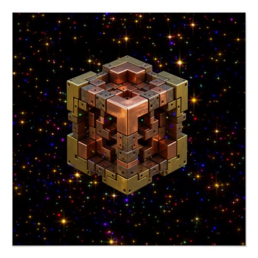 Poster Un cube fractal métallique avec des explosions d'é (Devant)