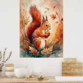 Poster Un écureuil rouge qui mange une noisette (Cuisine)