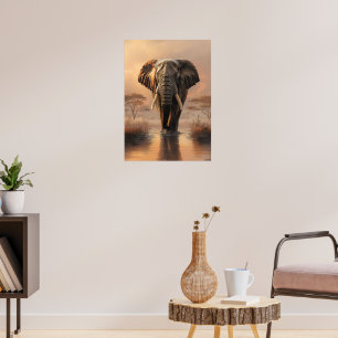 Poster Un éléphant africain au coucher du soleil - Illust