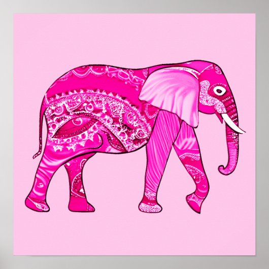 Poster Un éléphant indien dans un style arabesque rose Fu (Devant)