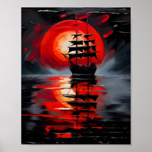 Poster Un galion noir naviguant dans des eaux calmes
