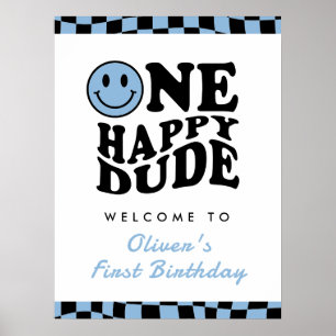 Poster Un garçon heureux 1er anniversaire Wavy Blue Welco