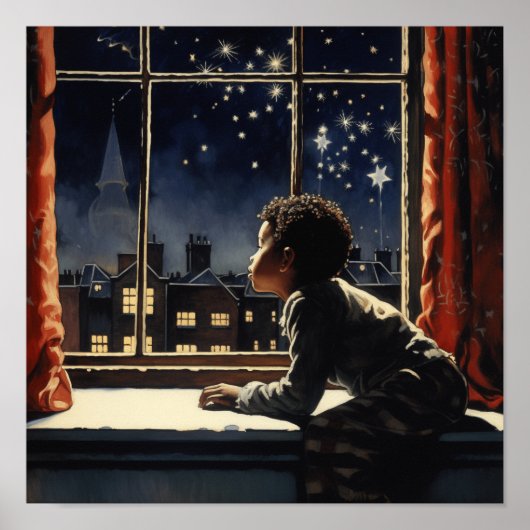 Poster Un garçon noir regarde aux lumières de Noël à la v (Devant)