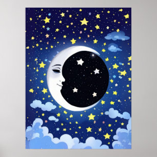 Poster Un homme dans la lune sur un Arrière - plan étoilé