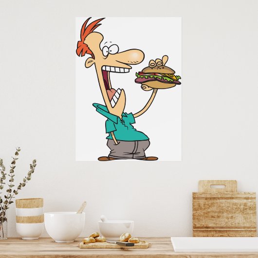Poster Un Homme Drôle Mange Un Sandwich (Cuisine)