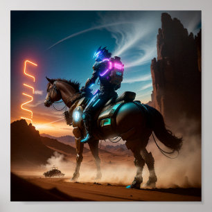 Poster Un homme futuriste à cheval dans le désert