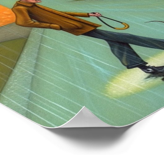 Poster Un Homme Marchant Un Chien Dans La Pluie (Coin)