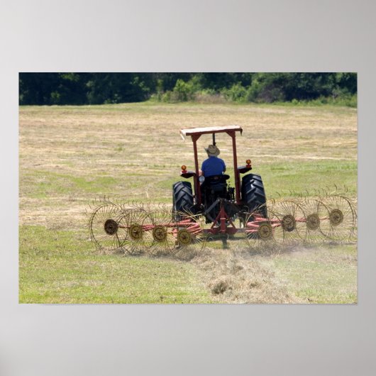 Poster Un jeune garçon conduisant un tracteur récoltant (Devant)