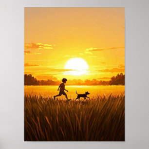Poster Un jeune garçon court avec un chien au coucher du 