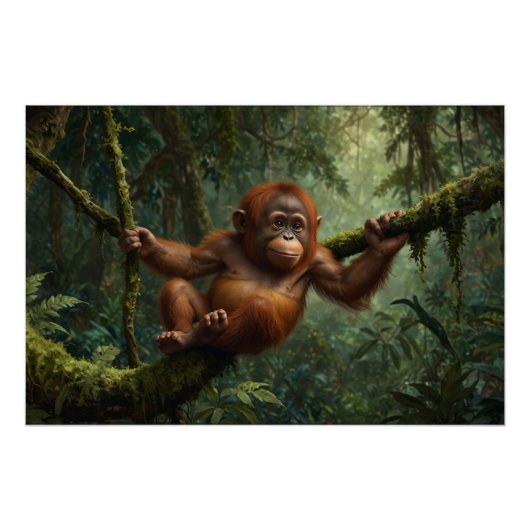 Poster Un jeune Orangoutan en forêt pluviale (Devant)
