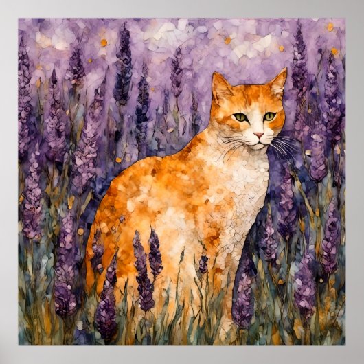 Poster Un joli chat gingembre dans un champ de lavande (Devant)