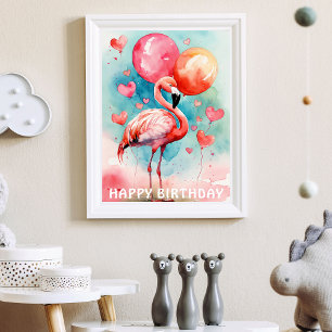 Poster Un joli flamant avec des ballons de coeur annivers