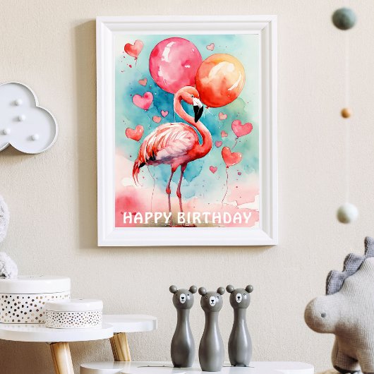 Poster Un joli flamant avec des ballons de coeur annivers