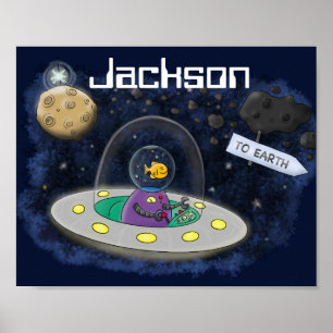 Poster Un joli poisson heureux dans l'espace dessin animé