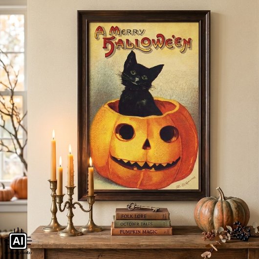 Poster Un joyeux Halloween par Ellen Clapsaddle, Chat Vin