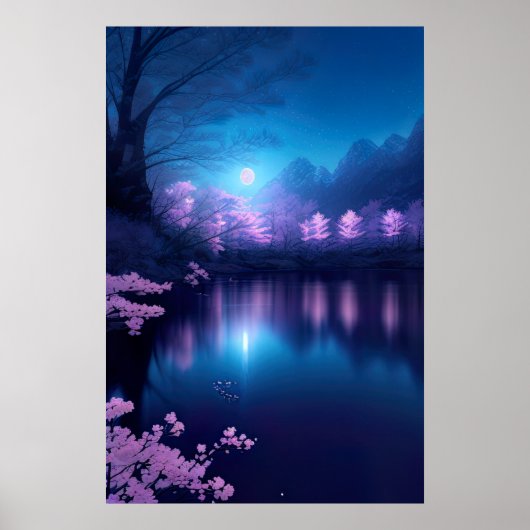 Poster Un lac à la floraison de cerisiers la nuit (Devant)