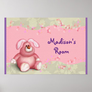 Poster Un lapin rose mignon avec des cœurs et du feuillag
