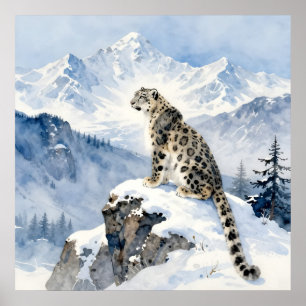 Poster Un léopard des neiges sur un pic enneigé