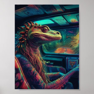 Poster Un lézard psychédélique coloré dans un véhicule