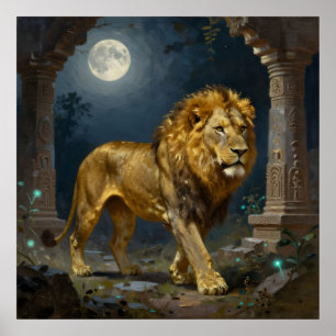 Poster Un Lion d'Or se promenant sous le clair de lune