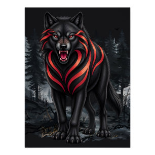 Poster Un loup noir dans une forêt brumeuse, art faunique