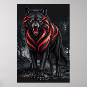 Poster Un loup noir dans une forêt brumeuse, art faunique