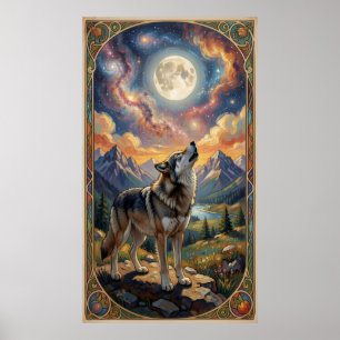 Poster Un loup solitaire hurle à une lune 