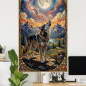 Poster Un loup solitaire hurle à une lune (Bureau à domicile)