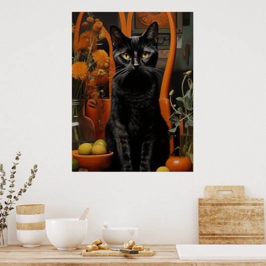 Poster Un magnifique chat noir dans une chaise orange (Cuisine)