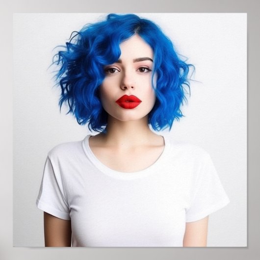 Poster Un mannequin aux cheveux bleus portant Gildan Tee (Devant)