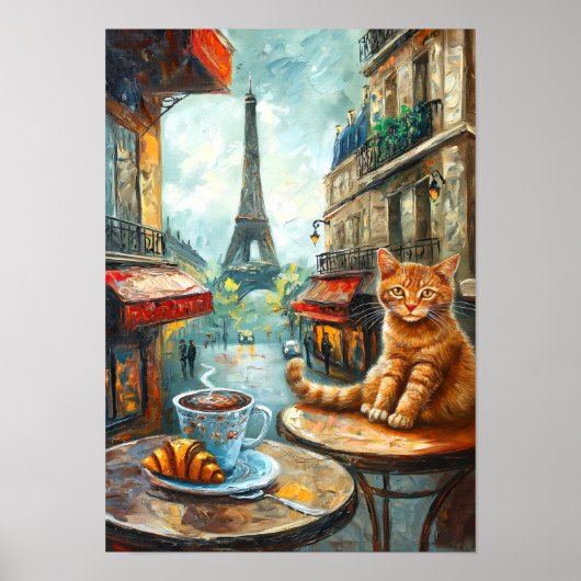 Poster Un matin à Paris | Chat au gingembre dans un café (Devant)