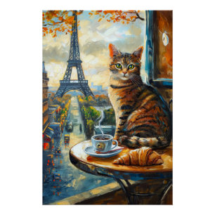 Poster Un matin à Paris Chat tigré dans un café